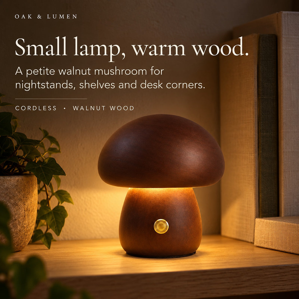 Petite Wooden Mushroom Lamp, Cordless with 3 Light Colors