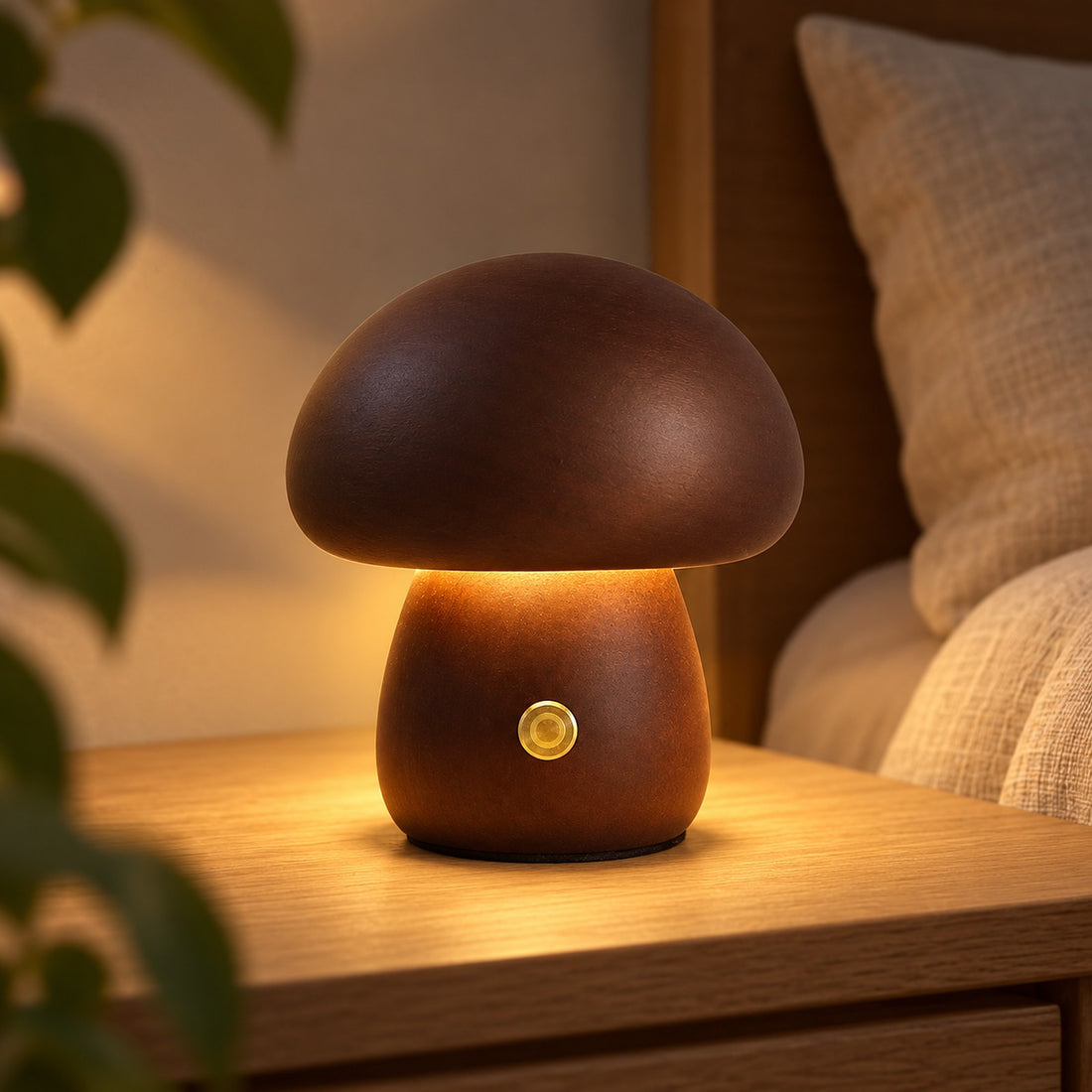 Petite Wooden Mushroom Lamp, Cordless with 3 Light Colors