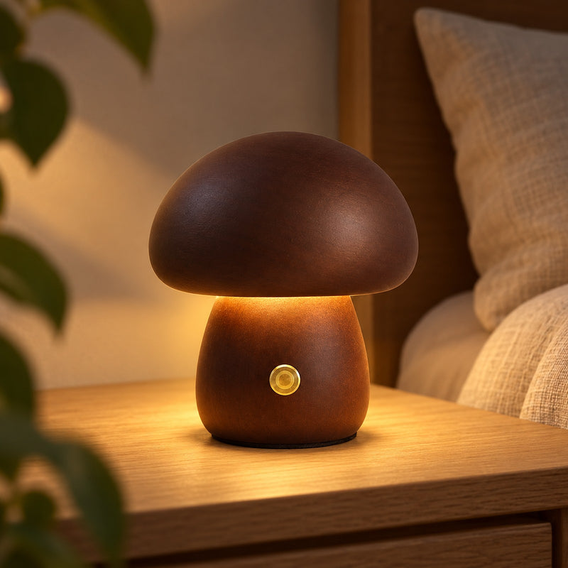 Petite Wooden Mushroom Lamp, Cordless with 3 Light Colors